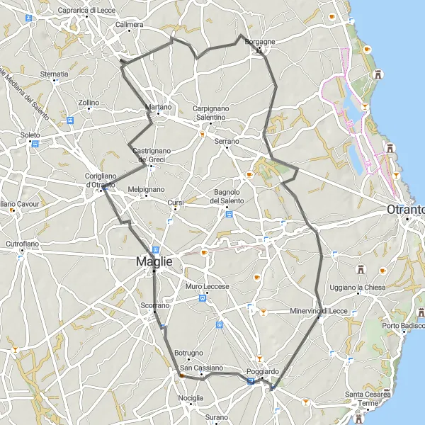 Miniatura della mappa di ispirazione al ciclismo "Poggiardo - Minervino di Lecce" nella regione di Puglia, Italy. Generata da Tarmacs.app, pianificatore di rotte ciclistiche