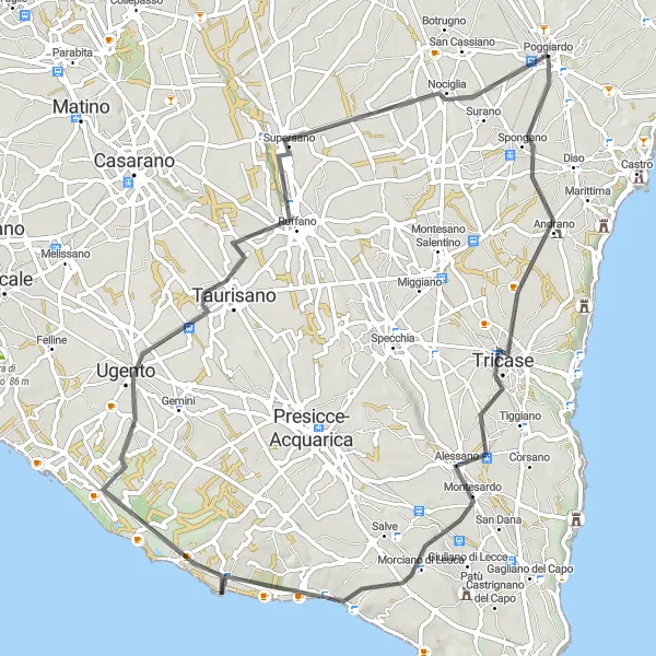 Map miniature of "Coastal Adventure: Poggiardo to Nociglia" cycling inspiration in Puglia, Italy. Generated by Tarmacs.app cycling route planner