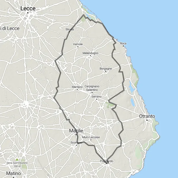 Miniatura della mappa di ispirazione al ciclismo "Itinerario Culturale in Bici nel Salento" nella regione di Puglia, Italy. Generata da Tarmacs.app, pianificatore di rotte ciclistiche