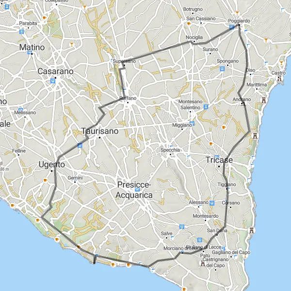 Miniatura della mappa di ispirazione al ciclismo "Avventura Ciclistica nel Sud Salento" nella regione di Puglia, Italy. Generata da Tarmacs.app, pianificatore di rotte ciclistiche