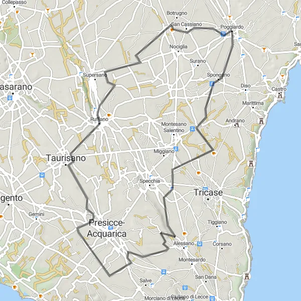 Miniatura della mappa di ispirazione al ciclismo "Poggiardo - Botrugno" nella regione di Puglia, Italy. Generata da Tarmacs.app, pianificatore di rotte ciclistiche