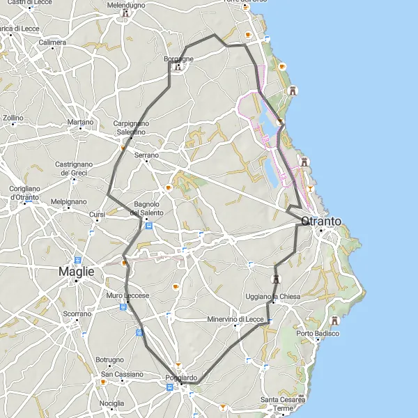 Miniatura della mappa di ispirazione al ciclismo "Tour Cicloturistico in Salento" nella regione di Puglia, Italy. Generata da Tarmacs.app, pianificatore di rotte ciclistiche