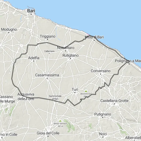 Miniatura della mappa di ispirazione al ciclismo "Tour in bicicletta tra Polignano a Mare e Mola di Bari" nella regione di Puglia, Italy. Generata da Tarmacs.app, pianificatore di rotte ciclistiche