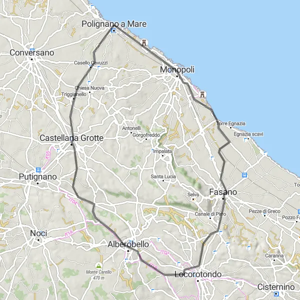 Miniatura della mappa di ispirazione al ciclismo "Eccitante giro di 74 km in bicicletta" nella regione di Puglia, Italy. Generata da Tarmacs.app, pianificatore di rotte ciclistiche