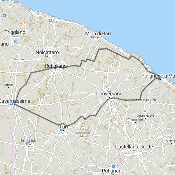 Map miniature of "Polignano a Mare Loop" cycling inspiration in Puglia, Italy. Generated by Tarmacs.app cycling route planner