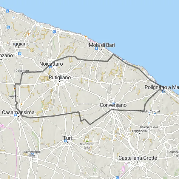 Miniatura della mappa di ispirazione al ciclismo "Avventuroso percorso ciclistico di 70 km" nella regione di Puglia, Italy. Generata da Tarmacs.app, pianificatore di rotte ciclistiche