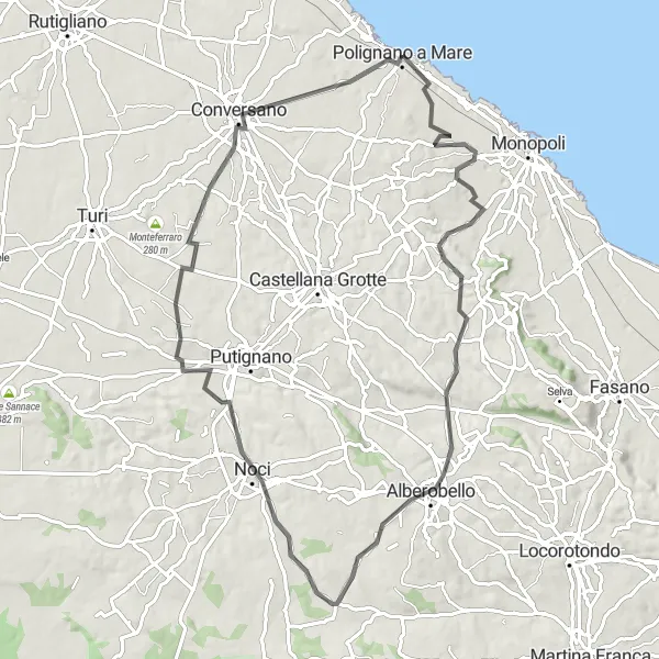 Miniatura della mappa di ispirazione al ciclismo "Tour di 86 km alla scoperta di Puglia" nella regione di Puglia, Italy. Generata da Tarmacs.app, pianificatore di rotte ciclistiche