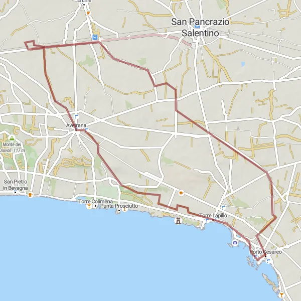 Miniatura della mappa di ispirazione al ciclismo "Percorso in gravel da Porto Cesareo a Avetrana" nella regione di Puglia, Italy. Generata da Tarmacs.app, pianificatore di rotte ciclistiche
