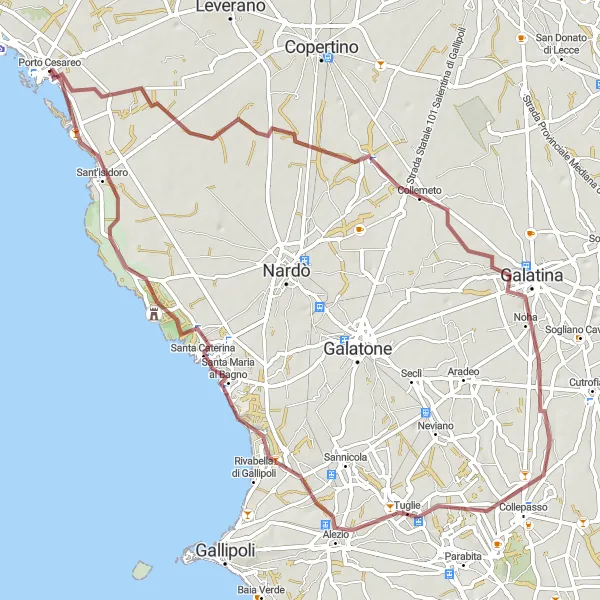 Miniatura della mappa di ispirazione al ciclismo "Tour dei Colli di Porto Cesareo" nella regione di Puglia, Italy. Generata da Tarmacs.app, pianificatore di rotte ciclistiche