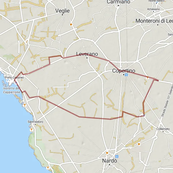 Miniatura della mappa di ispirazione al ciclismo "Avventura Naturale a Copertino" nella regione di Puglia, Italy. Generata da Tarmacs.app, pianificatore di rotte ciclistiche