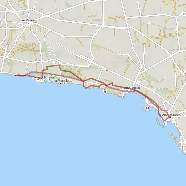 Miniatura della mappa di ispirazione al ciclismo "Percorso gravel da Porto Cesareo a Torre Colimena" nella regione di Puglia, Italy. Generata da Tarmacs.app, pianificatore di rotte ciclistiche