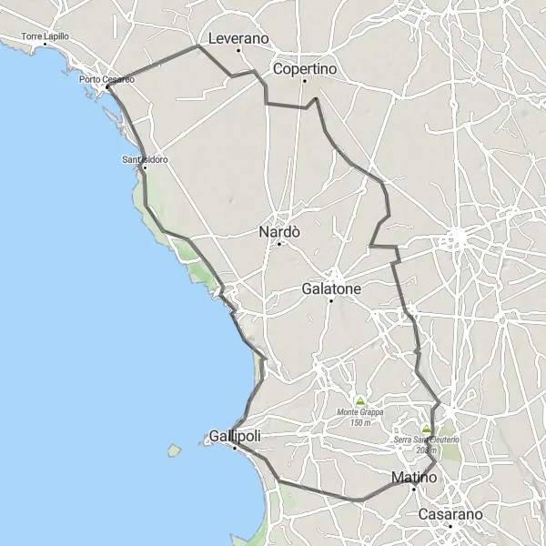 Miniatura della mappa di ispirazione al ciclismo "Giro in bicicletta da Porto Cesareo a Gallipoli" nella regione di Puglia, Italy. Generata da Tarmacs.app, pianificatore di rotte ciclistiche
