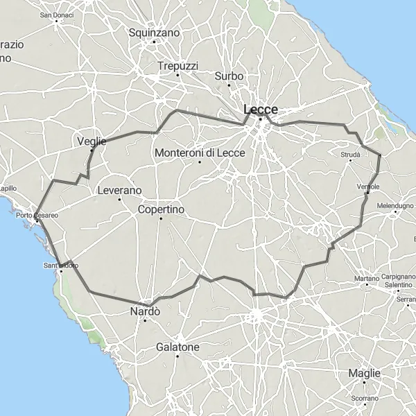 Miniatura della mappa di ispirazione al ciclismo "Circuito Culturale tra Lecce e Nardò" nella regione di Puglia, Italy. Generata da Tarmacs.app, pianificatore di rotte ciclistiche