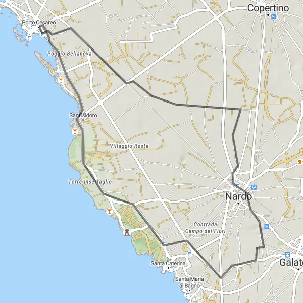 Miniatura della mappa di ispirazione al ciclismo "Breve Tour tra Nardò e Porto Cesareo" nella regione di Puglia, Italy. Generata da Tarmacs.app, pianificatore di rotte ciclistiche