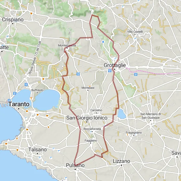 Map miniature of "Off-The-Beaten-Path Gravel Exploration" cycling inspiration in Puglia, Italy. Generated by Tarmacs.app cycling route planner