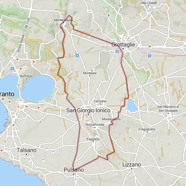 Miniatura della mappa di ispirazione al ciclismo "Esperienza off-road tra Montemesola e San Crispieri" nella regione di Puglia, Italy. Generata da Tarmacs.app, pianificatore di rotte ciclistiche