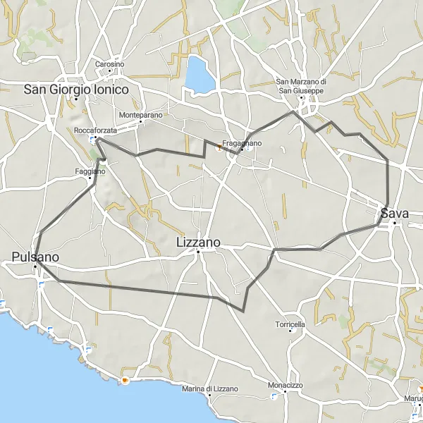 Miniatura della mappa di ispirazione al ciclismo "Giro in bicicletta verso Roccaforzata da Pulsano" nella regione di Puglia, Italy. Generata da Tarmacs.app, pianificatore di rotte ciclistiche