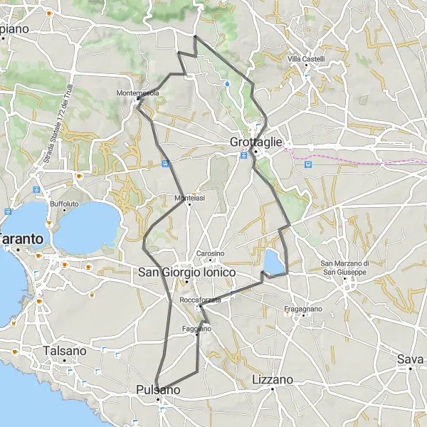 Miniatura della mappa di ispirazione al ciclismo "Tour in bicicletta tra Monteiasi e Faggiano" nella regione di Puglia, Italy. Generata da Tarmacs.app, pianificatore di rotte ciclistiche