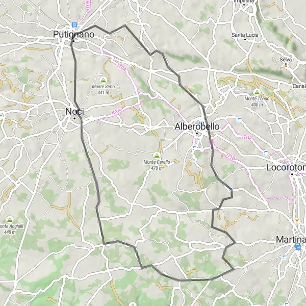 Miniatura della mappa di ispirazione al ciclismo "Giro in bicicletta attorno a Putignano" nella regione di Puglia, Italy. Generata da Tarmacs.app, pianificatore di rotte ciclistiche