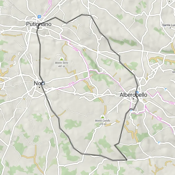 Miniatura della mappa di ispirazione al ciclismo "Passeggiata in bicicletta da Putignano a Noci" nella regione di Puglia, Italy. Generata da Tarmacs.app, pianificatore di rotte ciclistiche