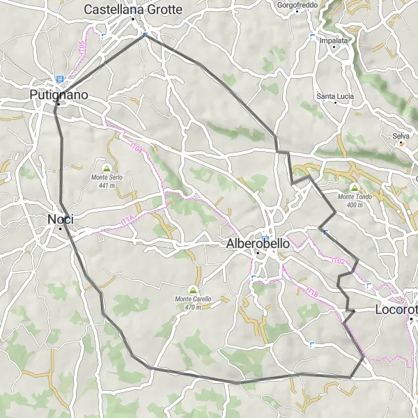 Miniatura della mappa di ispirazione al ciclismo "Tour ciclistico intorno a Putignano" nella regione di Puglia, Italy. Generata da Tarmacs.app, pianificatore di rotte ciclistiche