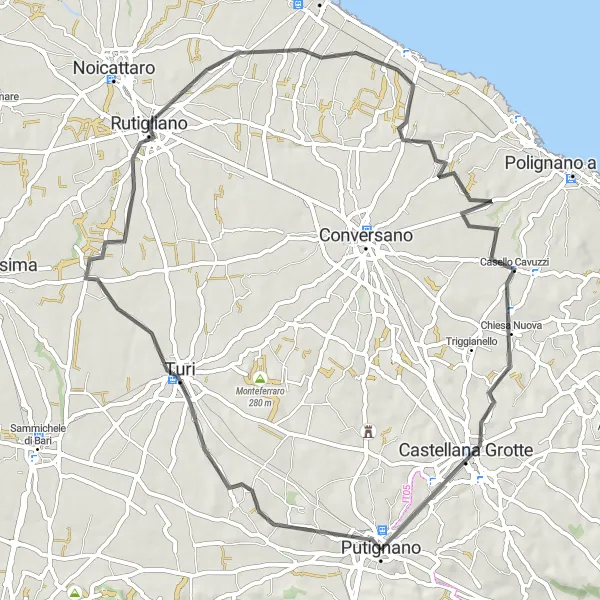 Miniatura della mappa di ispirazione al ciclismo "Giro in bicicletta da Putignano a Castellana Grotte" nella regione di Puglia, Italy. Generata da Tarmacs.app, pianificatore di rotte ciclistiche