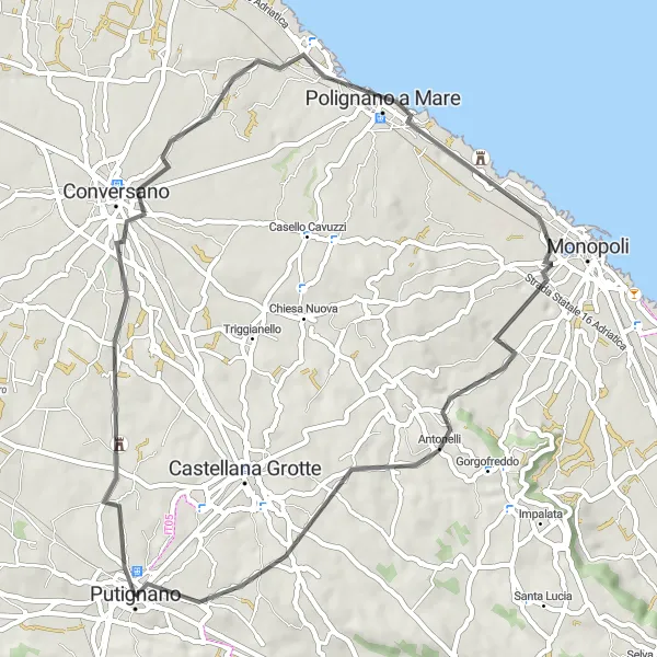 Miniatura della mappa di ispirazione al ciclismo "Cicloturismo attraverso Castello Marchione, Conversano e Torre Incina" nella regione di Puglia, Italy. Generata da Tarmacs.app, pianificatore di rotte ciclistiche