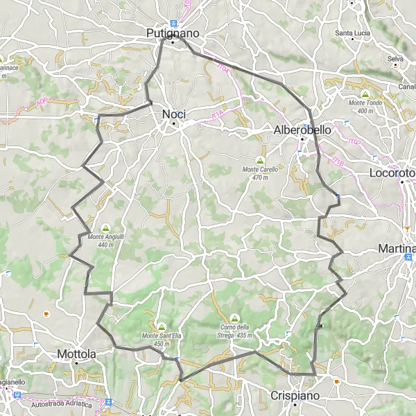 Miniatura della mappa di ispirazione al ciclismo "Ciclovia dei Trulli" nella regione di Puglia, Italy. Generata da Tarmacs.app, pianificatore di rotte ciclistiche