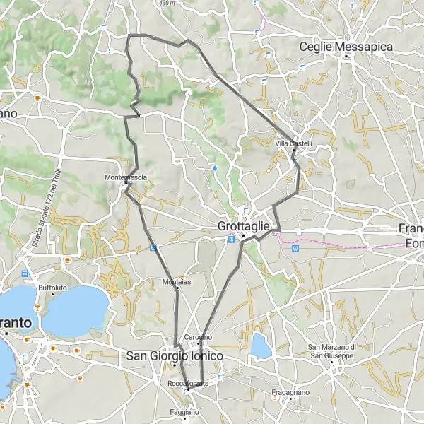 Miniatura della mappa di ispirazione al ciclismo "Itinerario stradale attraverso Monteiasi, Montemesola e Villa Castelli" nella regione di Puglia, Italy. Generata da Tarmacs.app, pianificatore di rotte ciclistiche