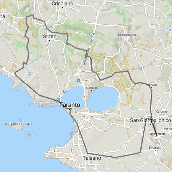 Miniatura della mappa di ispirazione al ciclismo "Giro in bici tra Taranto, Statte e Monteiasi" nella regione di Puglia, Italy. Generata da Tarmacs.app, pianificatore di rotte ciclistiche