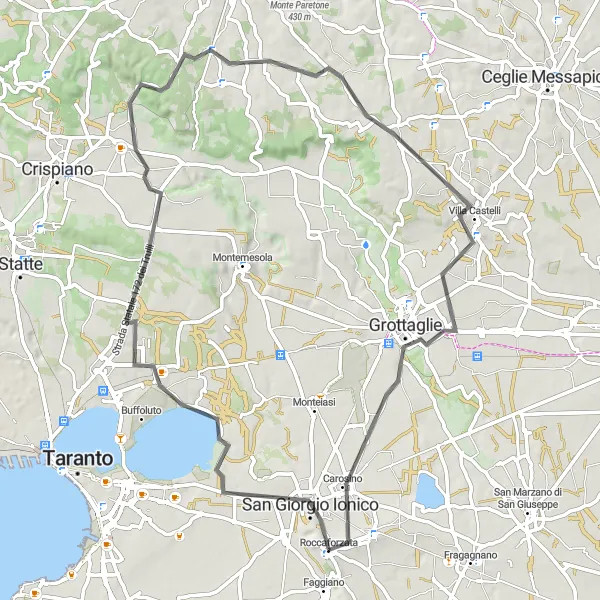 Miniatura della mappa di ispirazione al ciclismo "Giro in bicicletta attraverso le colline di Puglia" nella regione di Puglia, Italy. Generata da Tarmacs.app, pianificatore di rotte ciclistiche