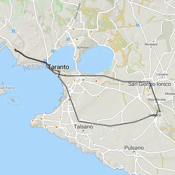 Map miniature of "Historic Route to Taranto" cycling inspiration in Puglia, Italy. Generated by Tarmacs.app cycling route planner