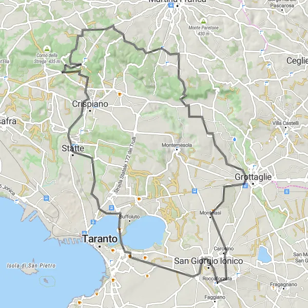 Miniatura della mappa di ispirazione al ciclismo "Giro in bicicletta da Roccaforzata a San Giorgio Ionico" nella regione di Puglia, Italy. Generata da Tarmacs.app, pianificatore di rotte ciclistiche