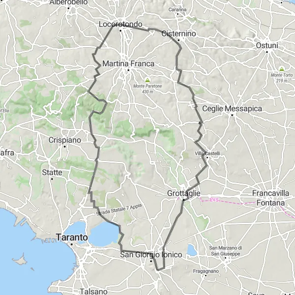 Map miniature of "Roccaforzata to Locorotondo" cycling inspiration in Puglia, Italy. Generated by Tarmacs.app cycling route planner