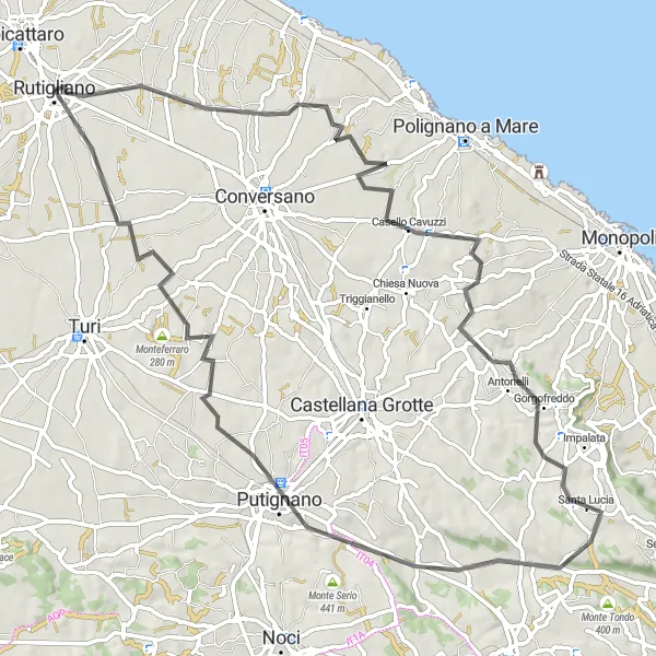 Miniatura della mappa di ispirazione al ciclismo "Giro in bicicletta da Rutigliano a Putignano" nella regione di Puglia, Italy. Generata da Tarmacs.app, pianificatore di rotte ciclistiche