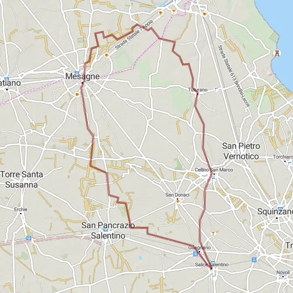 Map miniature of "Coastal Caves and Vineyards" cycling inspiration in Puglia, Italy. Generated by Tarmacs.app cycling route planner