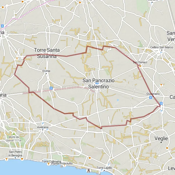 Map miniature of "Rural Landscapes and Historical Charm" cycling inspiration in Puglia, Italy. Generated by Tarmacs.app cycling route planner
