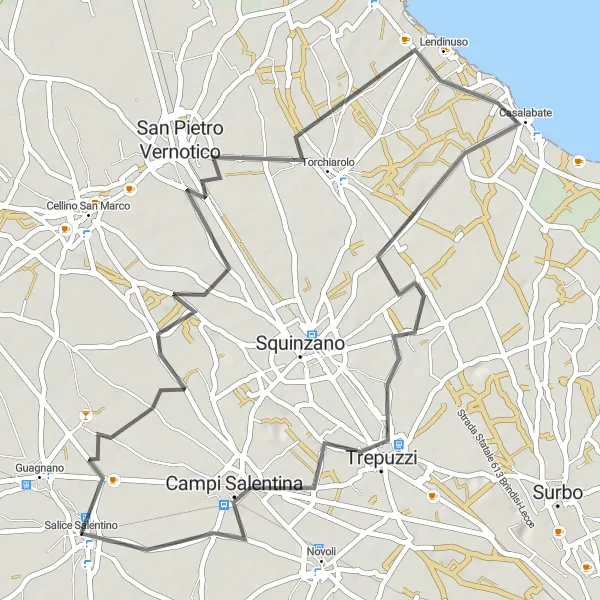 Map miniature of "Through the Salentine countryside" cycling inspiration in Puglia, Italy. Generated by Tarmacs.app cycling route planner