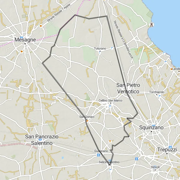 Map miniature of "Exploring Salento's countryside and villages" cycling inspiration in Puglia, Italy. Generated by Tarmacs.app cycling route planner