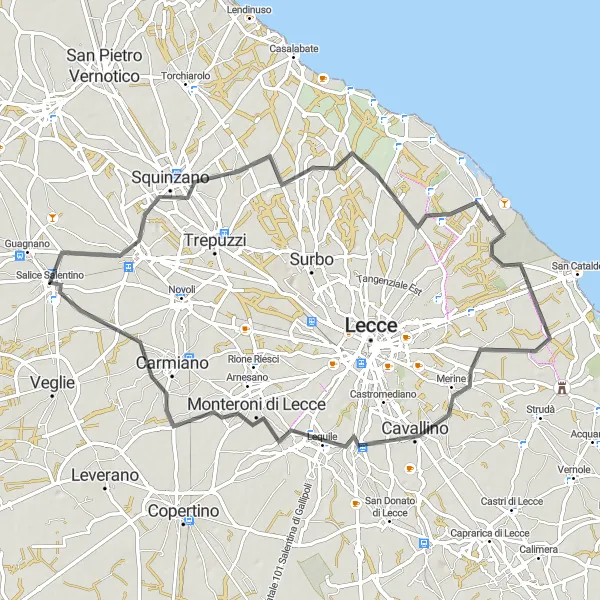 Map miniature of "Lecce's outskirts and historic towns" cycling inspiration in Puglia, Italy. Generated by Tarmacs.app cycling route planner