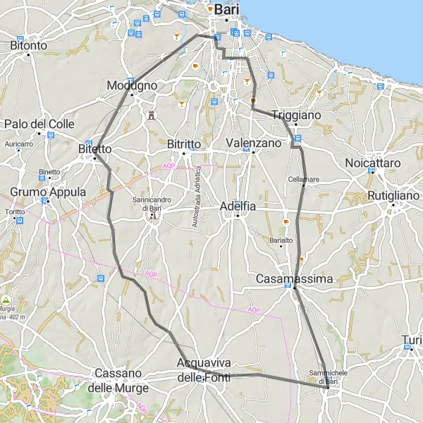 Map miniature of "Discovering Traditions: A Cycling Journey" cycling inspiration in Puglia, Italy. Generated by Tarmacs.app cycling route planner