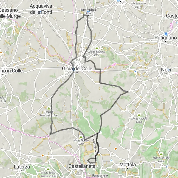 Miniatura della mappa di ispirazione al ciclismo "Tour in bicicletta verso Gioia del Colle e Monte Mollico" nella regione di Puglia, Italy. Generata da Tarmacs.app, pianificatore di rotte ciclistiche