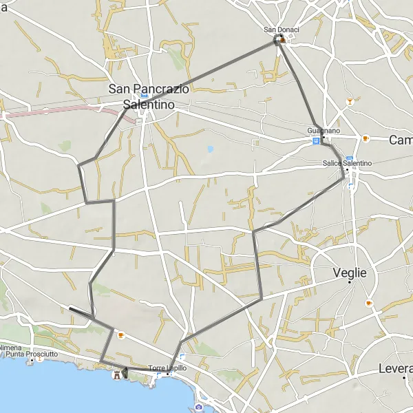 Miniatura della mappa di ispirazione al ciclismo "Tour del Vino Salentino" nella regione di Puglia, Italy. Generata da Tarmacs.app, pianificatore di rotte ciclistiche