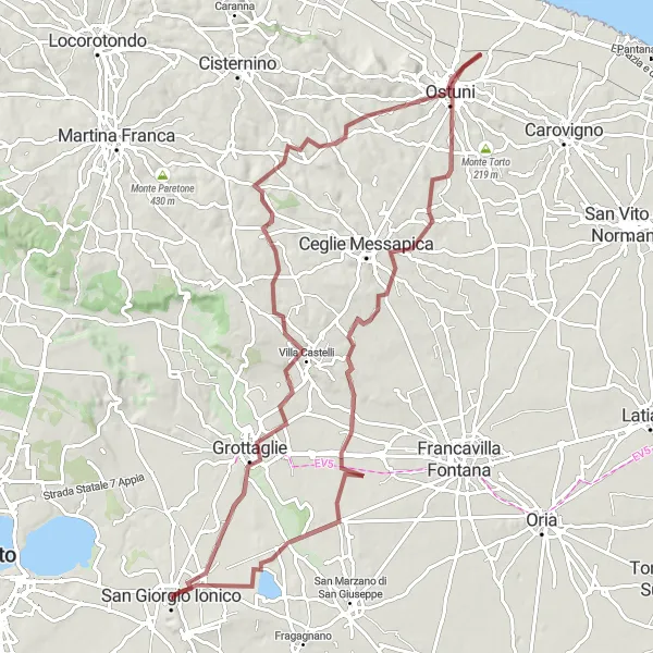 Miniatura della mappa di ispirazione al ciclismo "Esplorazione del territorio di Ostuni in bicicletta" nella regione di Puglia, Italy. Generata da Tarmacs.app, pianificatore di rotte ciclistiche