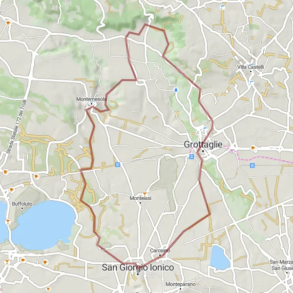 Miniatura della mappa di ispirazione al ciclismo "Avventura in mountain bike tra Castello Conti D'Ayala Valva e Carosino" nella regione di Puglia, Italy. Generata da Tarmacs.app, pianificatore di rotte ciclistiche