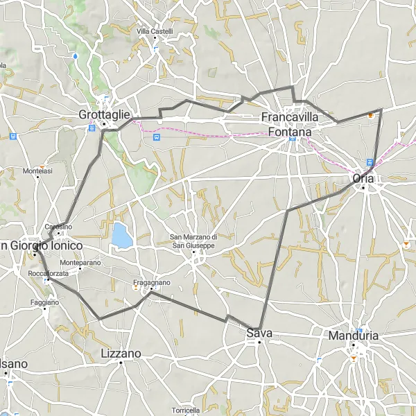 Map miniature of "Road Cycling Route from San Giorgio Ionico to Roccaforzata via Grottaglie and Oria" cycling inspiration in Puglia, Italy. Generated by Tarmacs.app cycling route planner