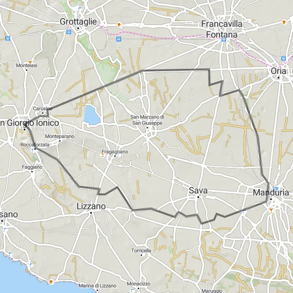 Miniatura della mappa di ispirazione al ciclismo "Scoperta di Manduria in bicicletta" nella regione di Puglia, Italy. Generata da Tarmacs.app, pianificatore di rotte ciclistiche