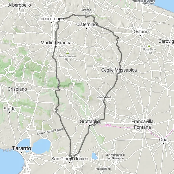 Miniatura della mappa di ispirazione al ciclismo "Avventura ciclistica tra Monteiasi e Martina Franca" nella regione di Puglia, Italy. Generata da Tarmacs.app, pianificatore di rotte ciclistiche