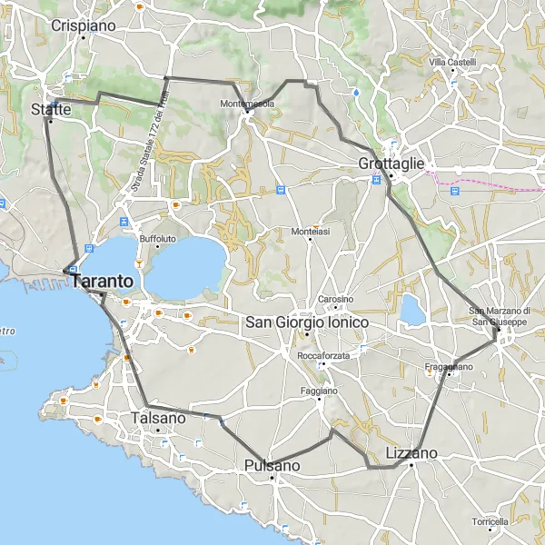 Miniatura della mappa di ispirazione al ciclismo "Giro dei Borghi Storici" nella regione di Puglia, Italy. Generata da Tarmacs.app, pianificatore di rotte ciclistiche