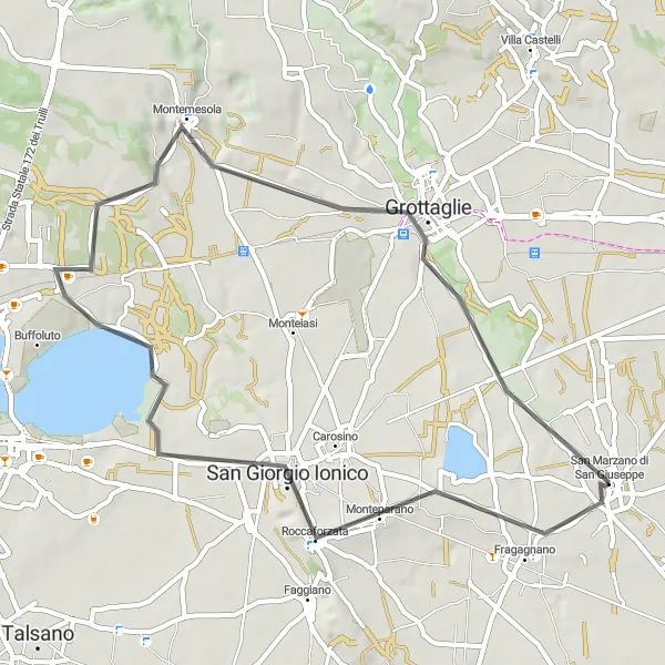 Miniatura della mappa di ispirazione al ciclismo "Circuito dei Trulli e dei Vigneti" nella regione di Puglia, Italy. Generata da Tarmacs.app, pianificatore di rotte ciclistiche